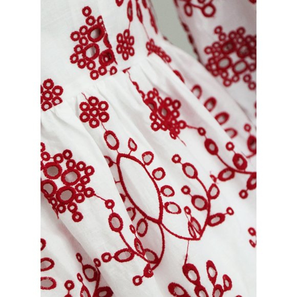 White Red Eyelet Embroidery 100% Cotton Cute Dress - Picture 8 of 10